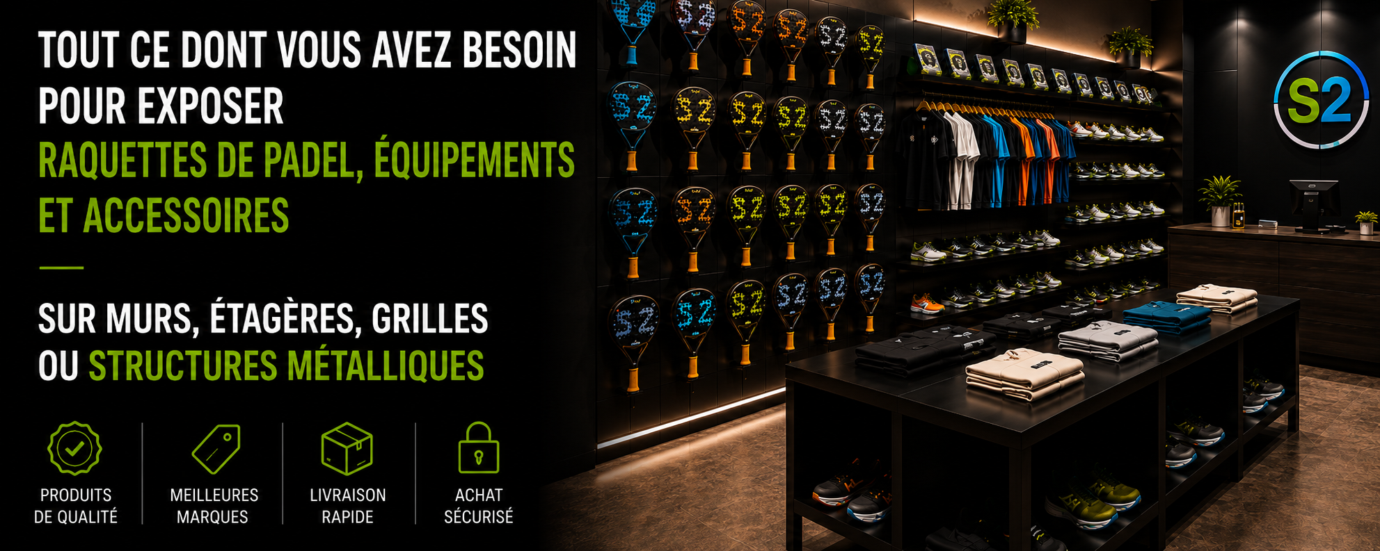 Magasin de padel moderne avec présentoirs muraux pour raquettes, vêtements et chaussures, mobilier noir haut de gamme, éclairage LED élégant et solutions d’exposition métalliques pour accessoires et équipements de padel.